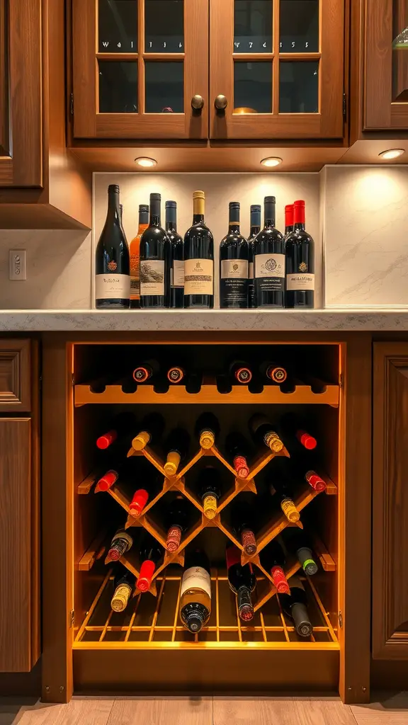 A stylish under-counter wine storage with a selection of wine bottles displayed on top and a wooden rack below.