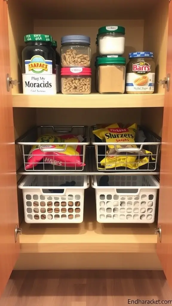 Organized kitchen cabinet with jars on the top shelf and under-shelf baskets holding snacks on the bottom shelf.