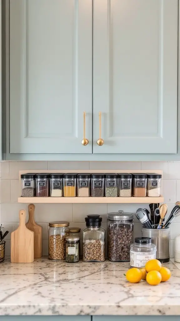 A kitchen shelf with spice jars and a countertop with various jars and fresh lemons.