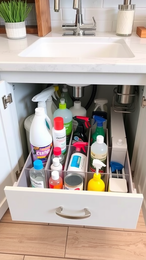 Organized under-sink drawer filled with cleaning supplies