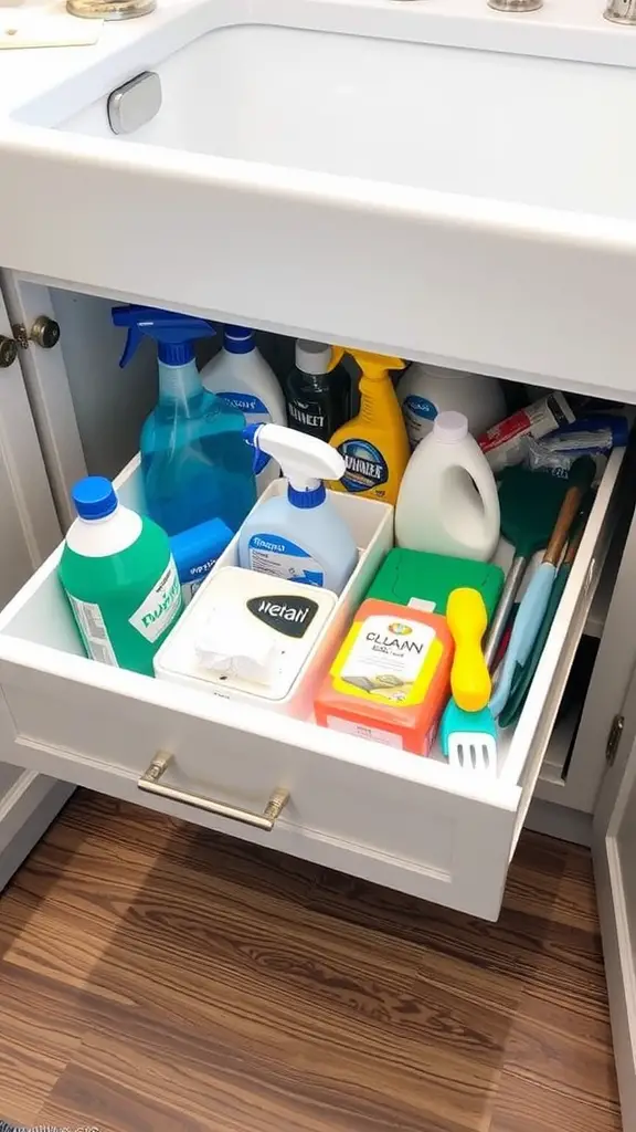 Organized under-sink drawer with cleaning supplies and tools