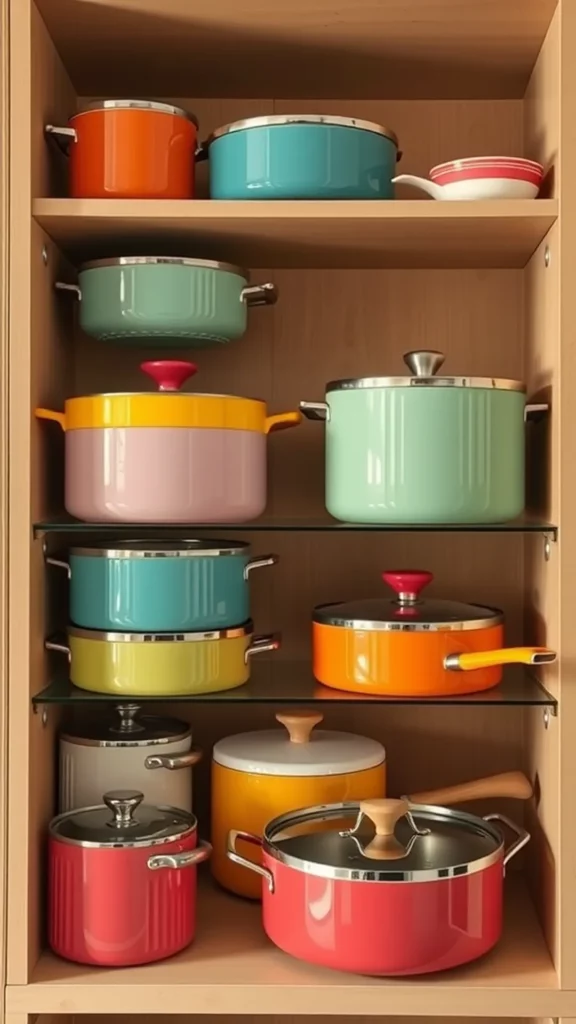 Colorful collection of pots and pans in a kitchen shelf.