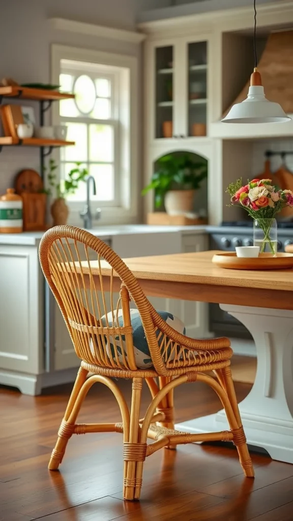 A rattan dining chair next to a wooden dining table in a modern kitchen setting.