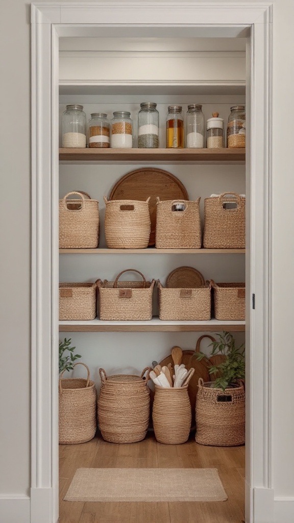 A cozy storage area featuring various wicker baskets and glass jars on shelves.