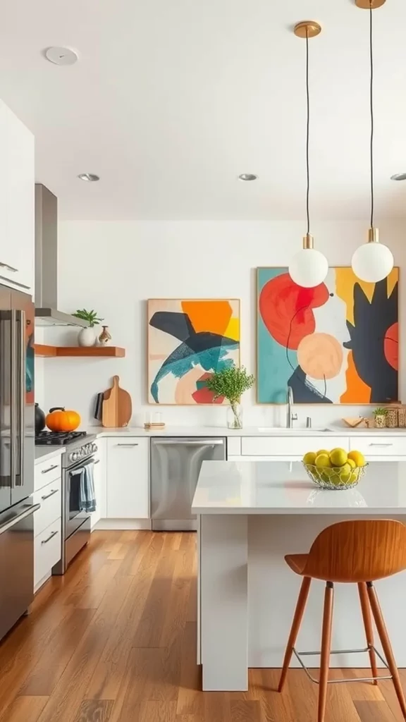 A modern kitchen featuring bold abstract artwork, a white countertop, and stylish light fixtures