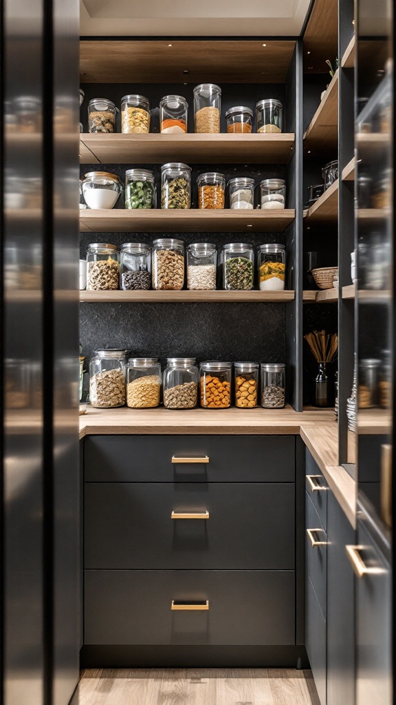 A stylish pantry with clear containers filled with various ingredients on wooden shelves.