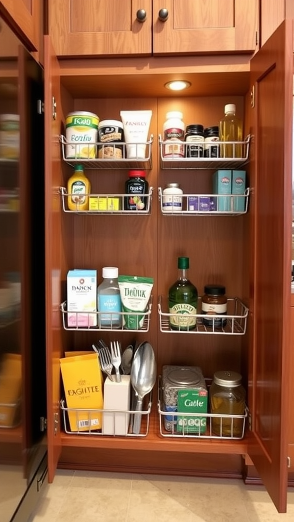 Organized cabinet with storage baskets for spices, utensils, and pantry items.