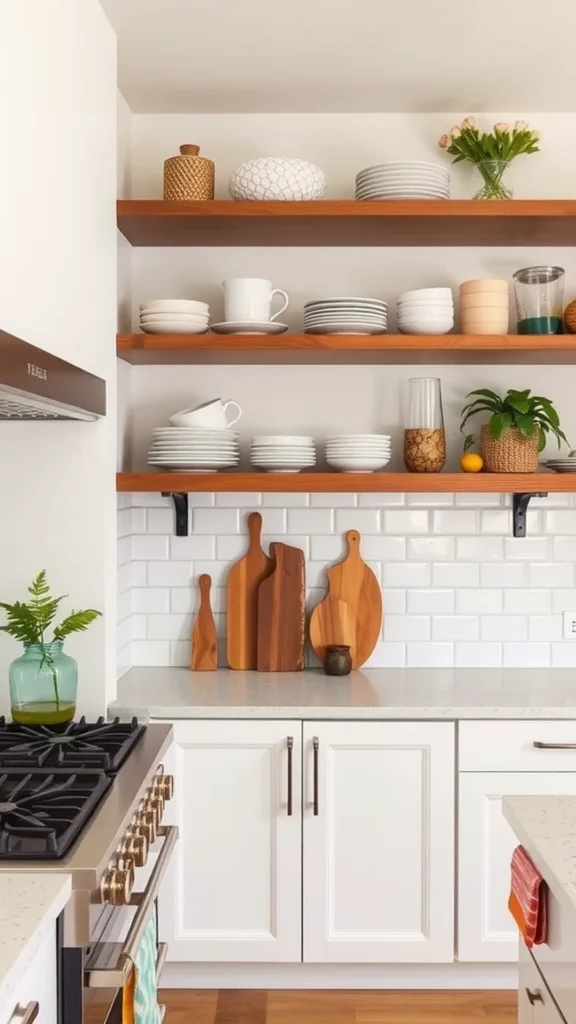 A modern kitchen with open shelving displaying plates, mugs, and decorative items on wooden shelves.