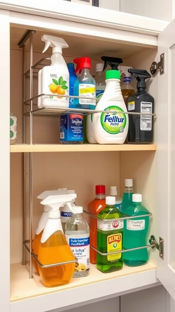 Organized cabinet with cleaning supplies using tension rods