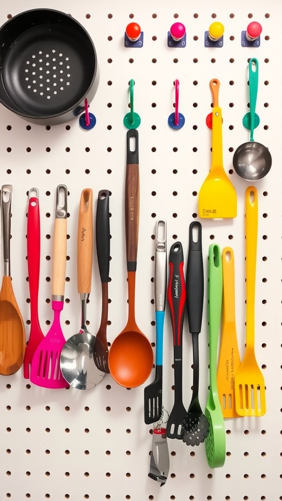 A pegboard with colorful kitchen utensils and tools organized with hooks.