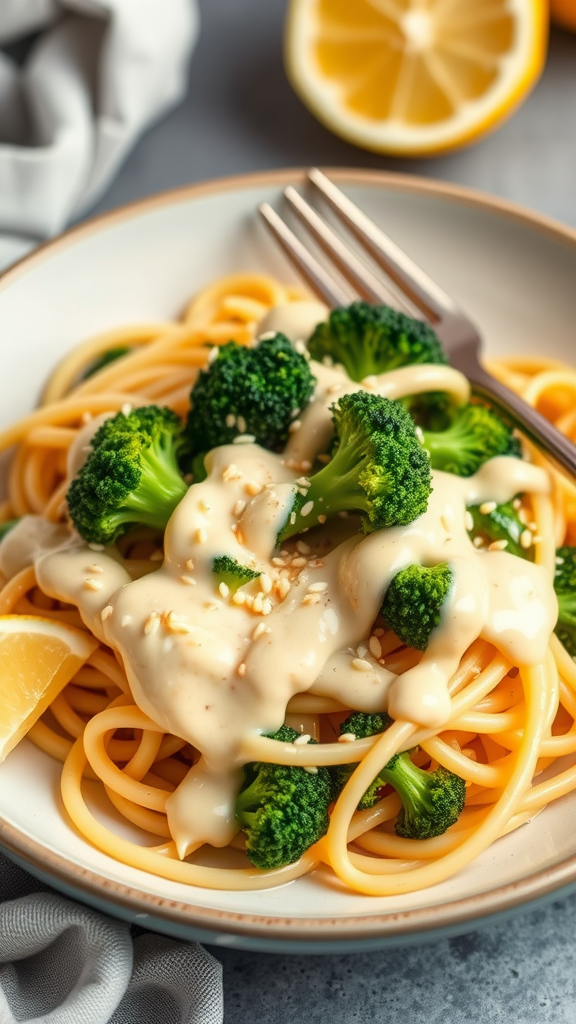 A plate of vegan lemon tahini broccolini pasta topped with sesame seeds and a fork on the side.