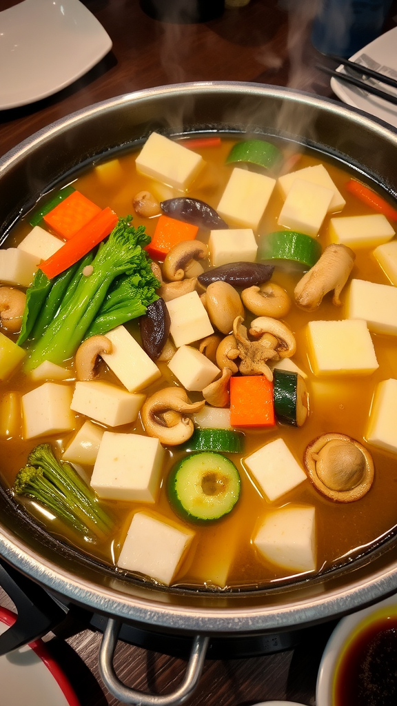 A steaming vegan nabe hot pot filled with tofu, mushrooms, and fresh vegetables.