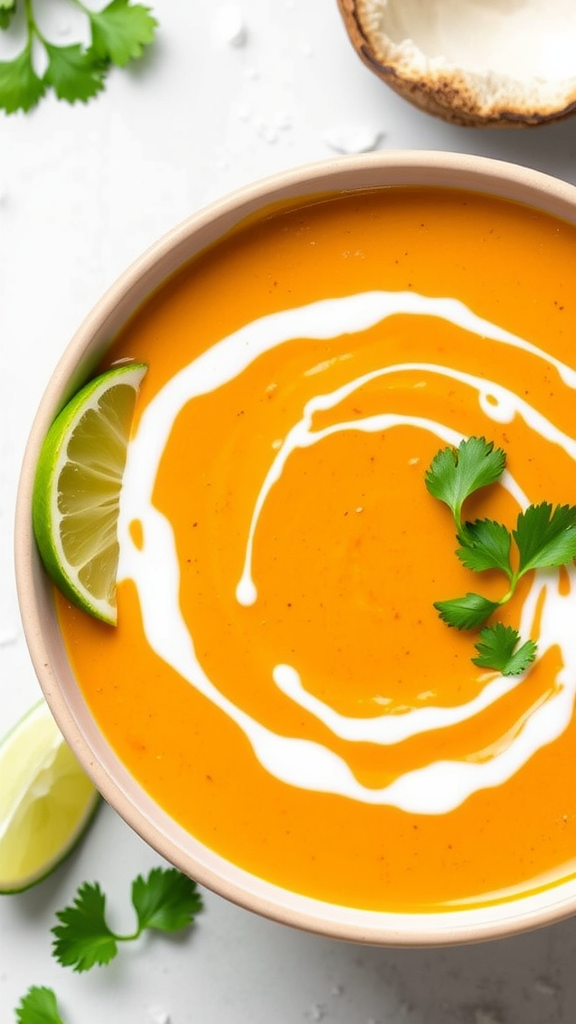 A bowl of vegan sweet potato and coconut curry soup topped with a swirl of coconut cream and cilantro, with lime wedges on the side.