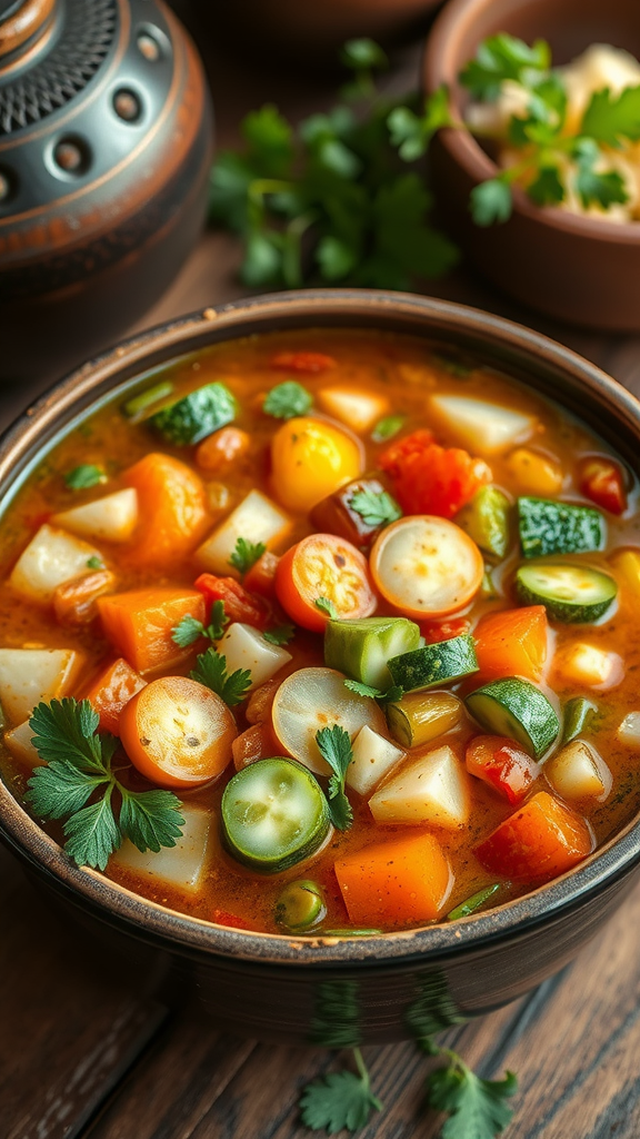 A bowl of vibrant vegan vegetable soup filled with assorted vegetables and garnished with cilantro.