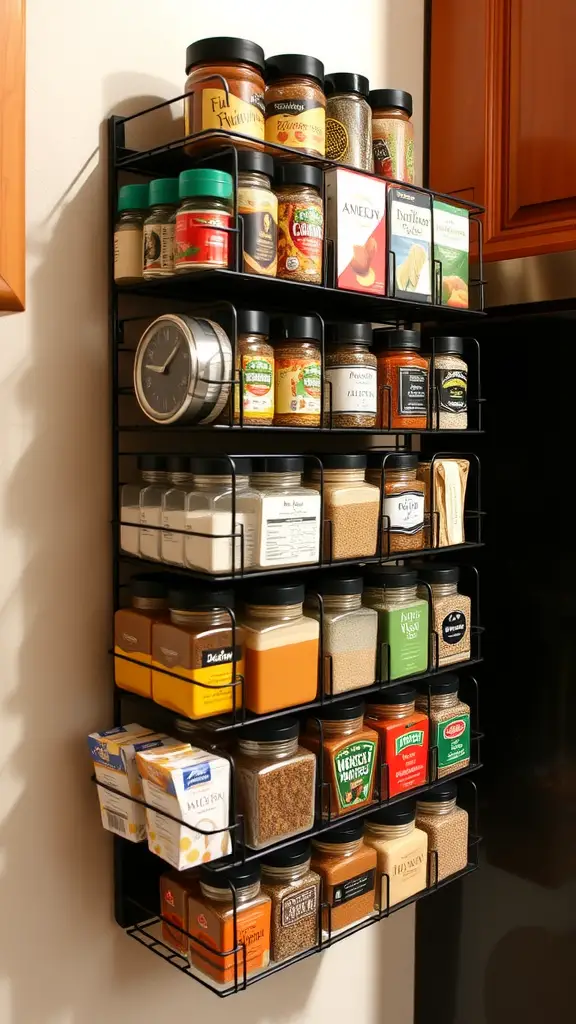 A vertical spice rack filled with various spice jars and containers.