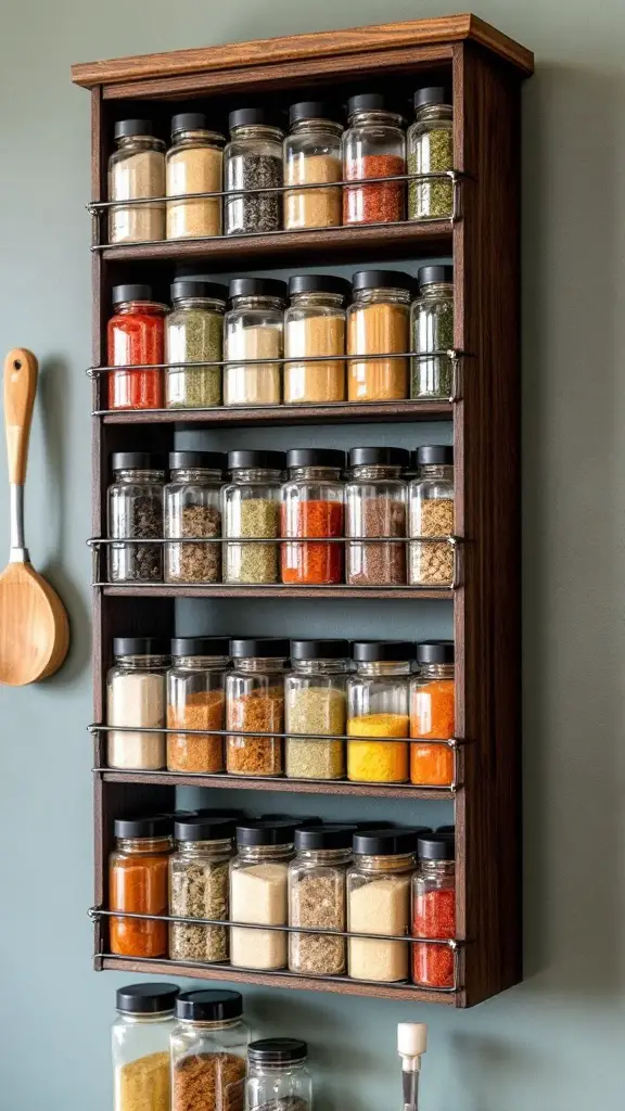 A vertical spice rack mounted on the wall with various spice jars organized on shelves.