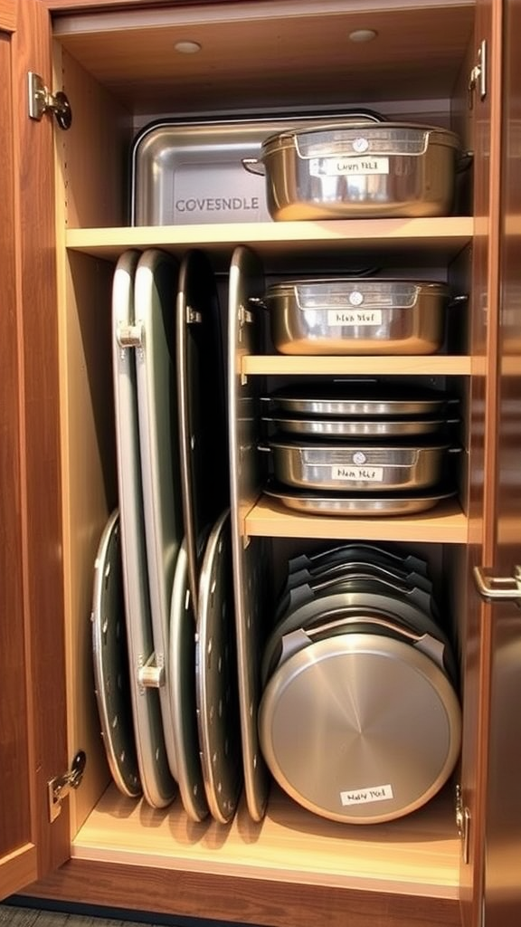 Organized cabinet with vertical storage for baking sheets and pots.