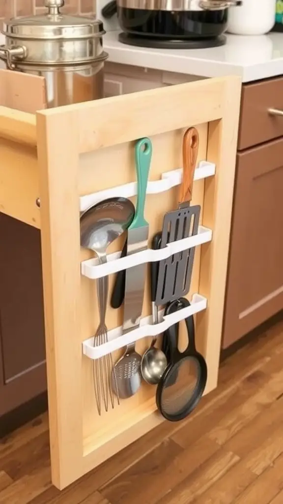 Vertical utensil organizer mounted on a kitchen cabinet with various kitchen tools.