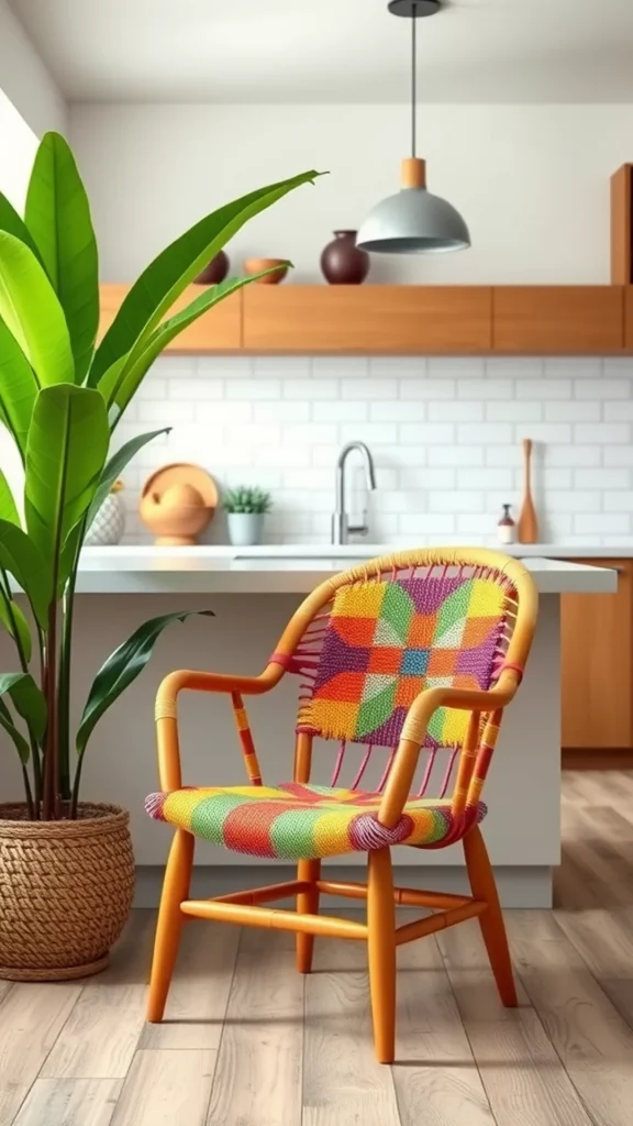 A vibrant yellow Acapulco chair with colorful weaving, placed next to a green plant.