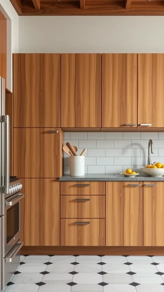 A kitchen with vintage-inspired wood cabinets, a gray countertop, and a bowl of fruit.