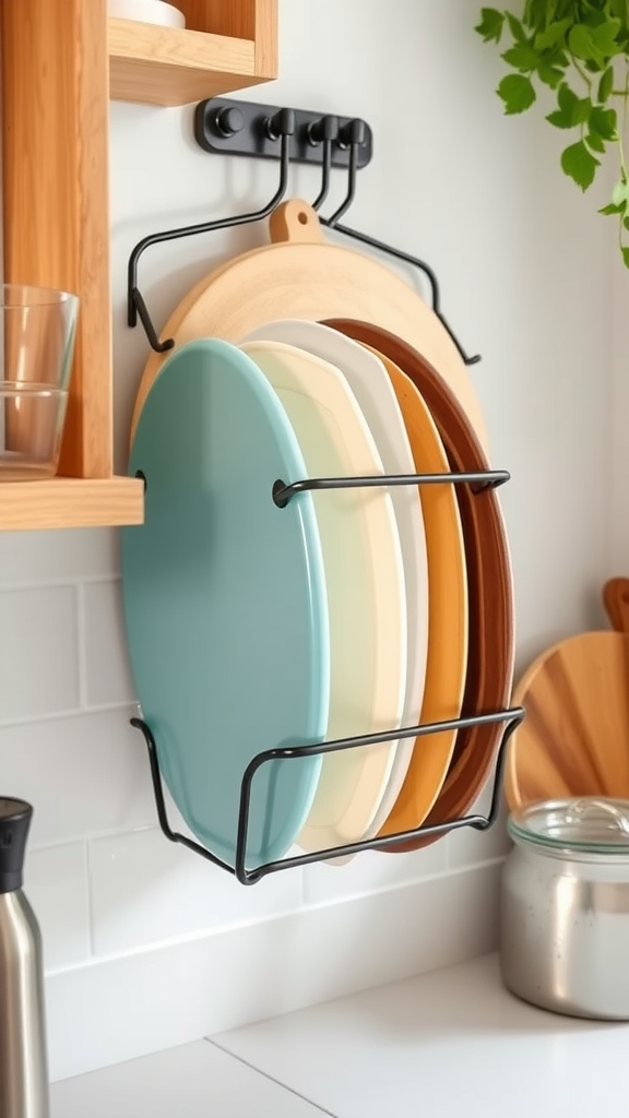 A wall-mounted rack displaying various cutting boards in different colors.