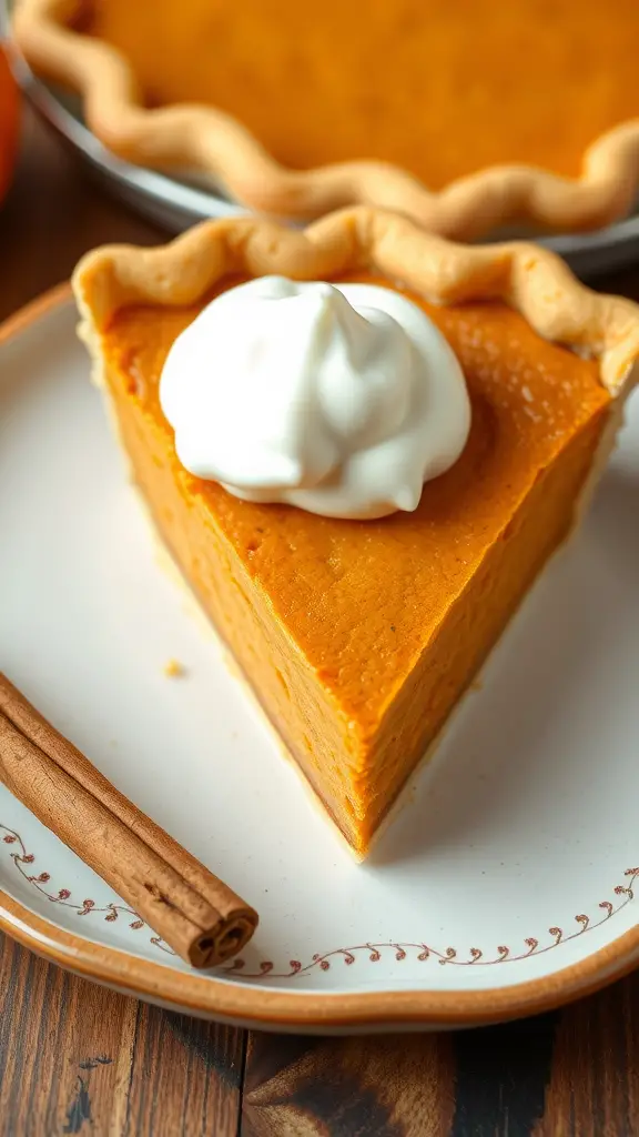 Slice of pumpkin pie with whipped cream and a cinnamon stick on a plate