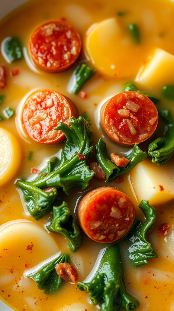 A bowl of Zuppa Toscana featuring slices of sausage, potatoes, and kale in a warm broth.