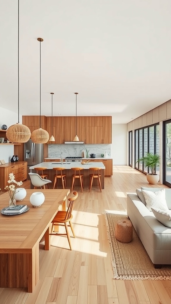 A modern Japandi style kitchen featuring an open concept design with wooden beams, warm cabinetry, and a cozy dining area.