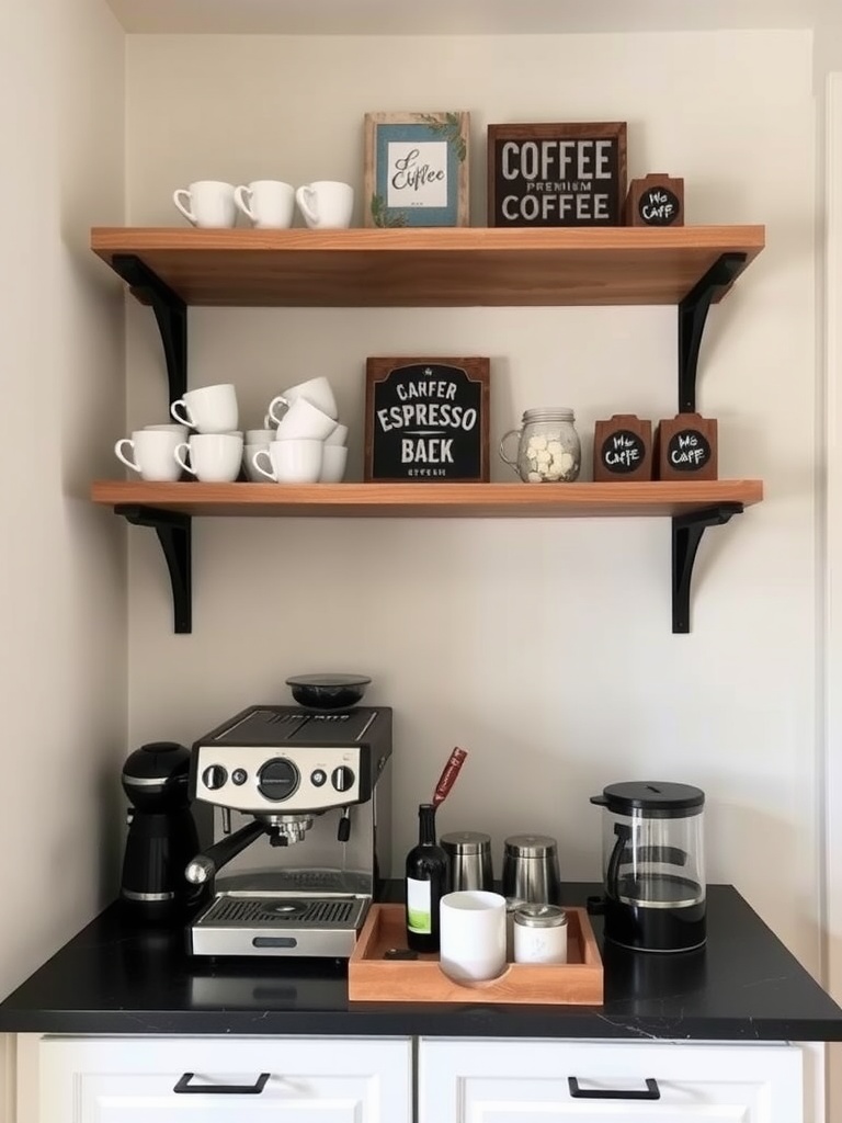 Open shelving coffee bar with modern design elements, showcasing coffee mugs, jars, and a coffee machine on the counter.