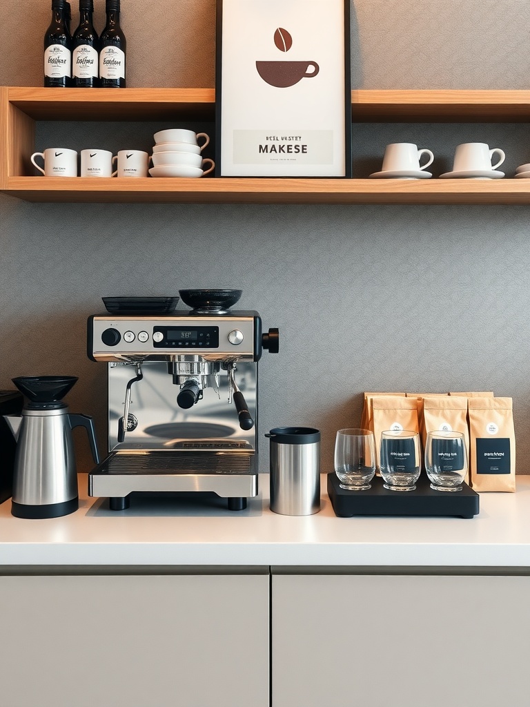 A stylish espresso bar setup featuring a modern espresso machine, coffee bags, and cups on a sleek kitchen countertop.