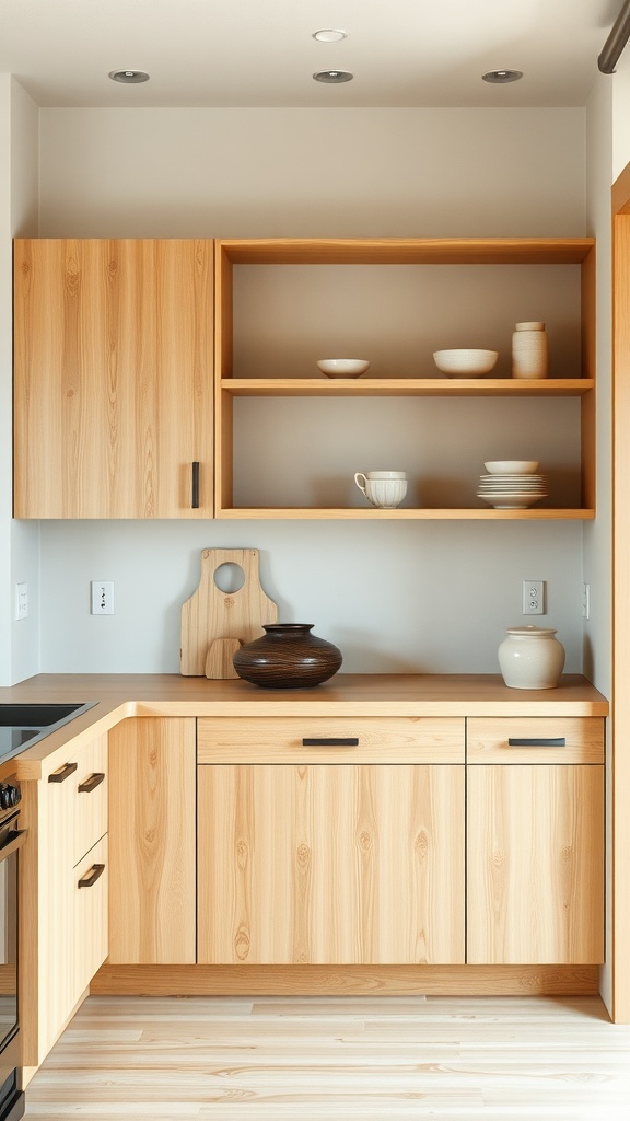 A serene Japandi style kitchen featuring natural wood finishes with light-toned cabinets and open shelves displaying dishware.