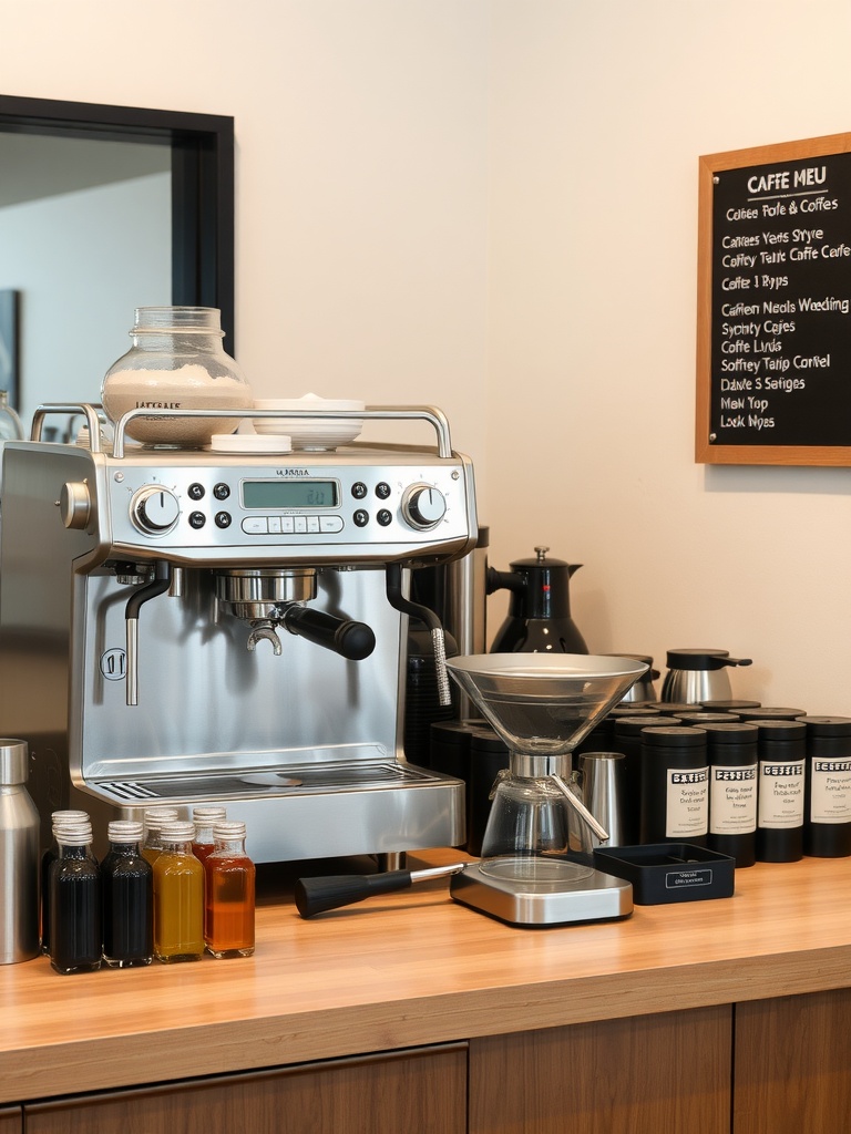 A stylish coffee station featuring an espresso machine, glass jars with syrups, and a chalkboard menu.