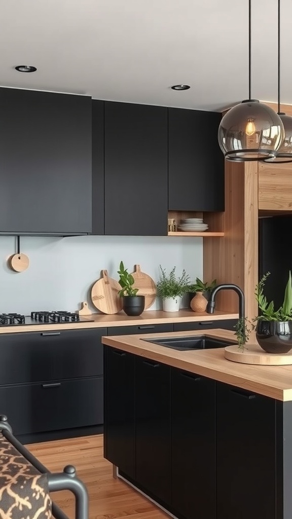 A modern Japandi kitchen featuring dark cabinetry, wooden countertops, and plants for a serene look.