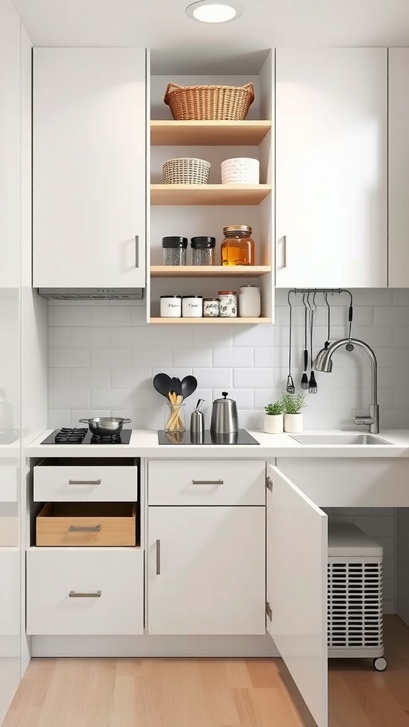 A modern Japandi style kitchen with compact storage solutions, featuring clean lines, white cabinetry, and wooden shelves.