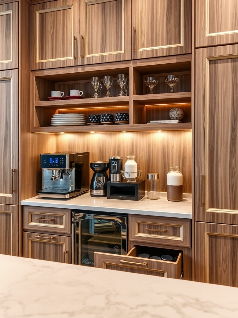 Luxury coffee bar with built-in appliances and stylish decor