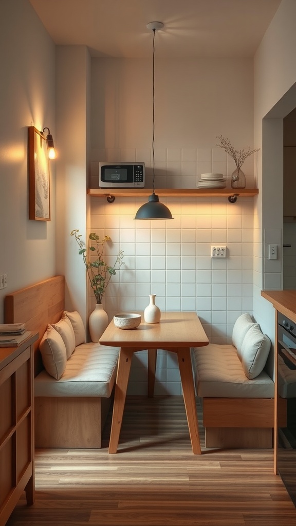 A cozy Japandi style kitchen nook with wooden furniture and soft cushions.