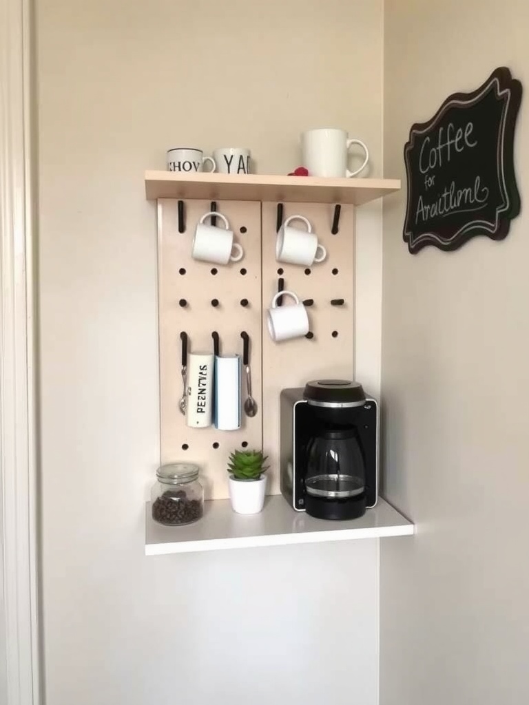 Small coffee nook with a sign, coffee maker, hanging mugs, and a plant