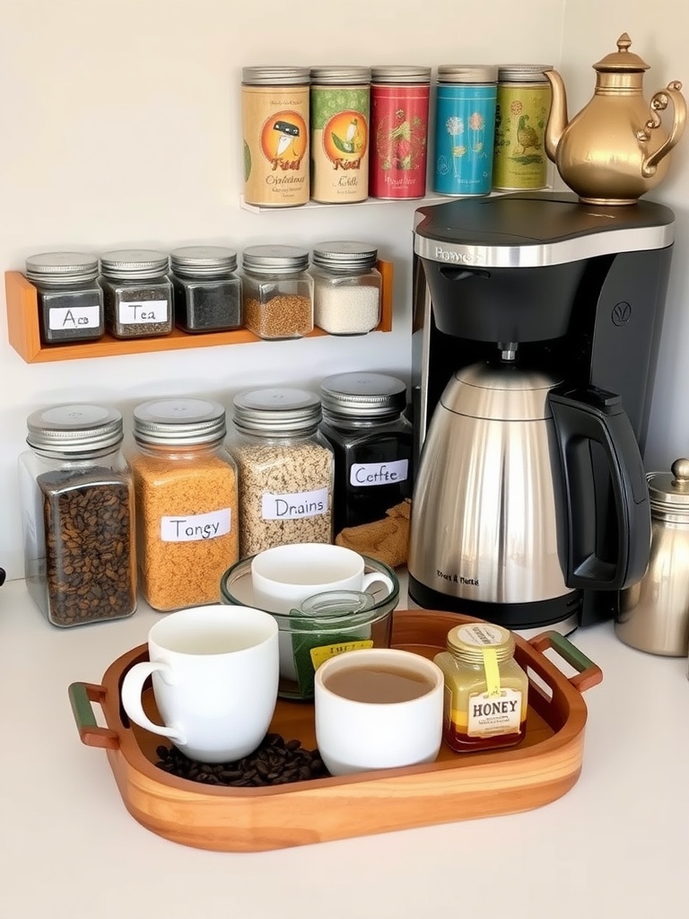 Coffee bar with tea station, featuring jars of tea, coffee maker, and mugs on a wooden tray.