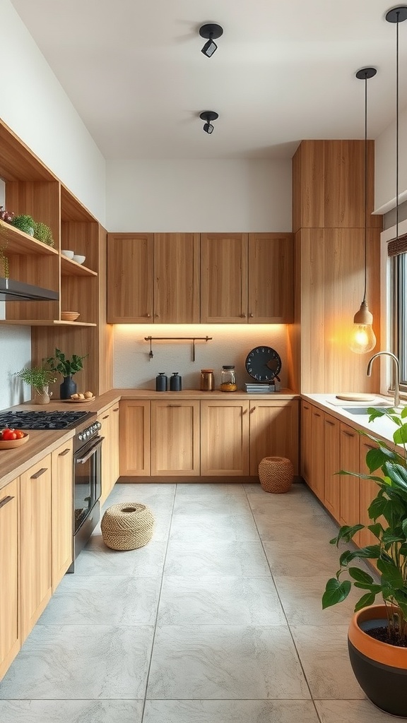 A modern Japandi style kitchen featuring wooden cabinets, stone countertops, and plants.