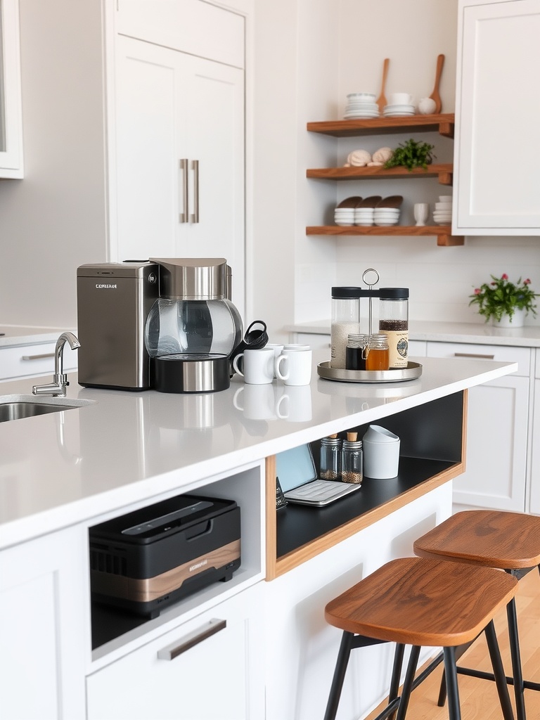 A stylish coffee bar setup on a kitchen island, featuring a coffee maker, mugs, and jars for coffee supplies.