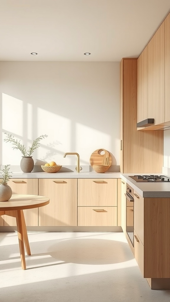 A warm neutral toned Japandi style kitchen with light wood cabinetry, gray countertops, and natural decor elements.