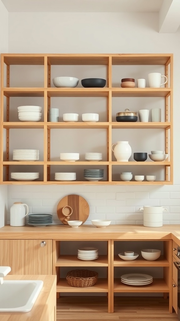 Japandi kitchen featuring sleek minimalist wooden shelving with various dishware displayed