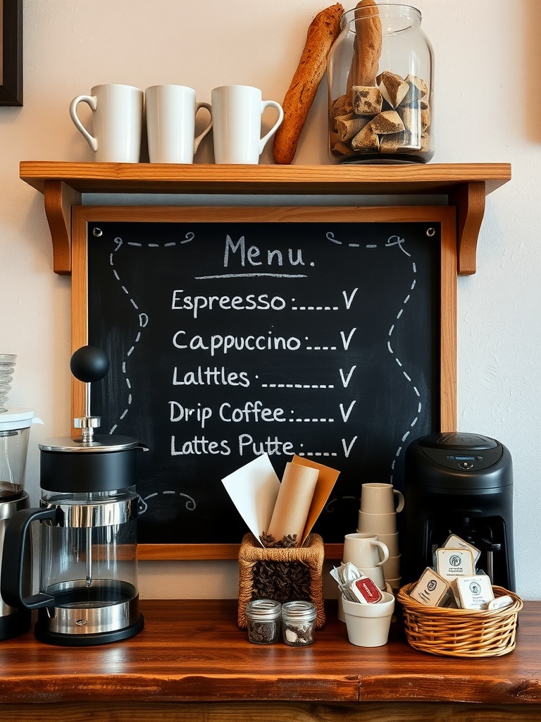 A cozy coffee bar featuring a chalkboard menu listing coffee options such as espresso and cappuccino, with decorative mugs and treats above.