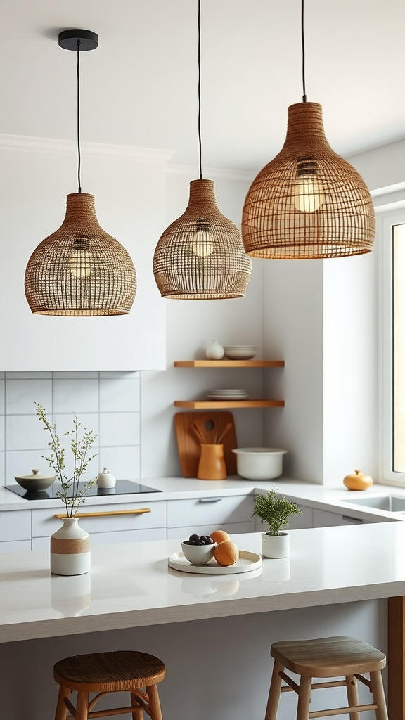 A modern Japandi style kitchen with woven pendant lights and a minimalist design