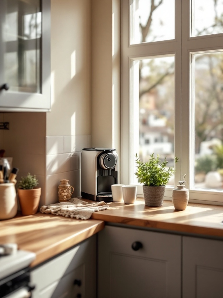 Cozy coffee nook by the window with a coffee maker, cups, and a plant.