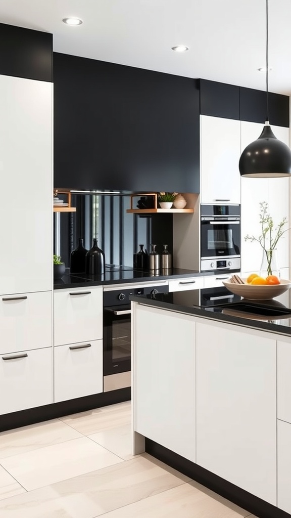 A modern Japandi kitchen featuring black countertops and white cabinetry with natural wood accents.