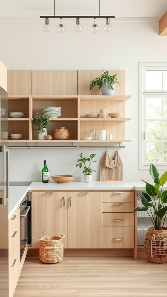 A minimalist Japandi kitchen with light wood cabinets, open shelving, and greenery.