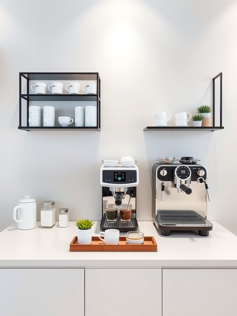 Modern minimalist coffee bar setup featuring sleek coffee machines and white cups on shelves.