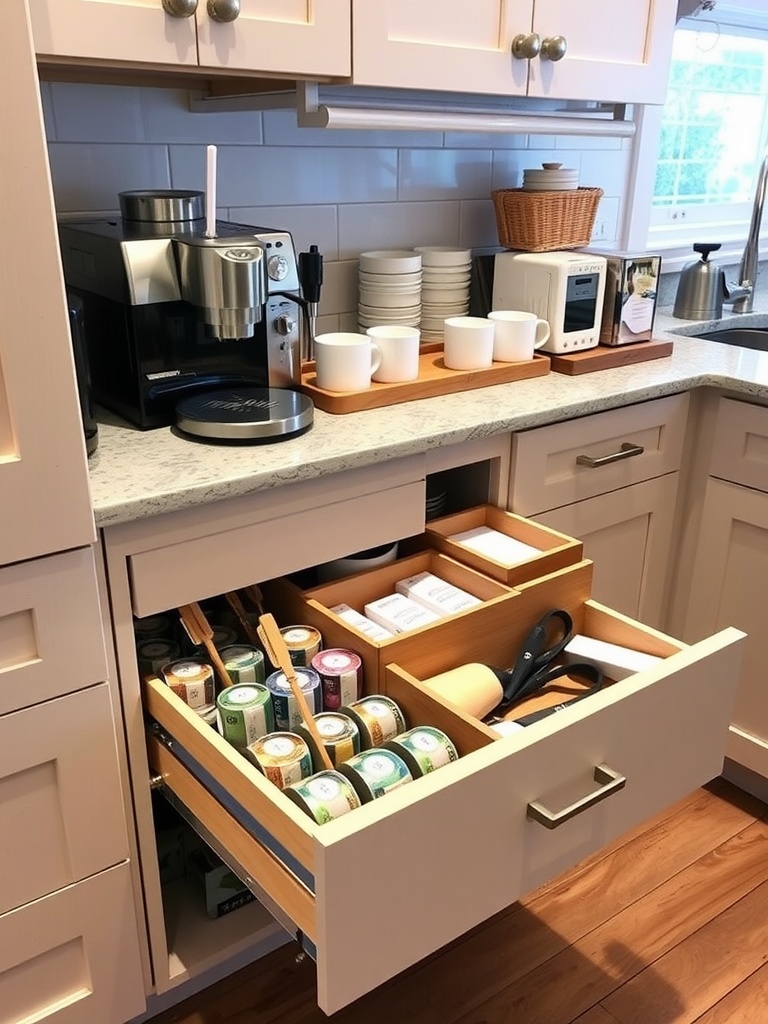 Stylish coffee bar featuring a coffee machine and organized pull-out drawer storage for coffee pods and tools.