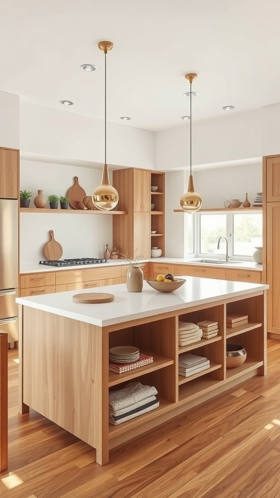 A modern Japandi style kitchen featuring a wooden island with open shelving, warm wood cabinets, and gold pendant lights.